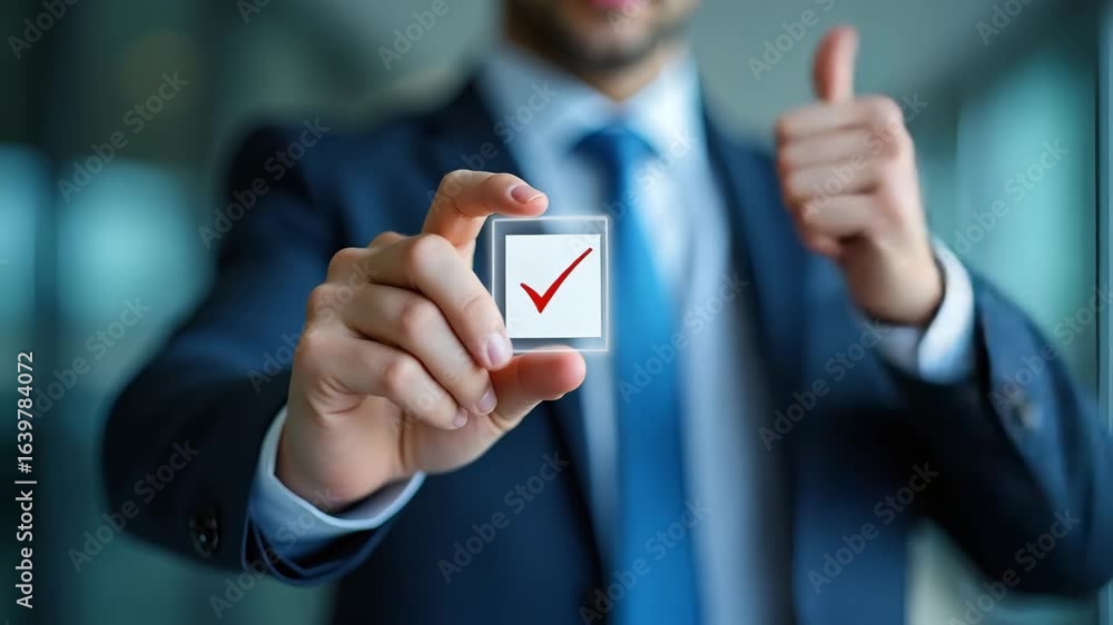 Poster businessman reviewing document checklist for regulations, policies, and ethical rules - evaluating q