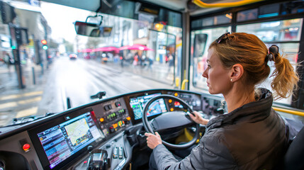 Obraz premium Female bus driver confidently steering a city bus on route, with dashboard and urban street visible through the windshield. Concept of gender equality in public transportation and professional roles.