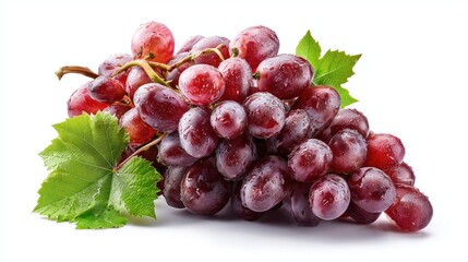 Obraz premium Bunch of Fresh Red Grapes with Green Leaves on White Background