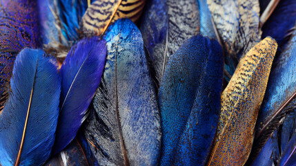 Close-up of vibrant blue bird feathers in various shapes and textures