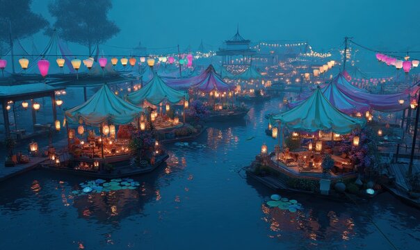 Floating market with illuminated lanterns and tents on water at night - Powered by Adobe