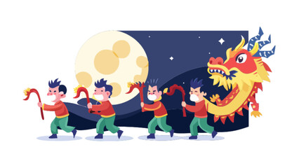 Celebrate chinese new year dragon dance parade with moon and stars vector illustration design template