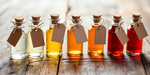 Row of Amber Glass Bottles with Cork Stoppers and Blank Tag