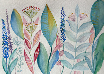 Minimalist botanical watercolor wall art, hand-painted leaves and flowers illustration, nature art print for home decor
