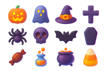 Isolated Halloween icons set featuring pumpkin, ghost, and witch hat
