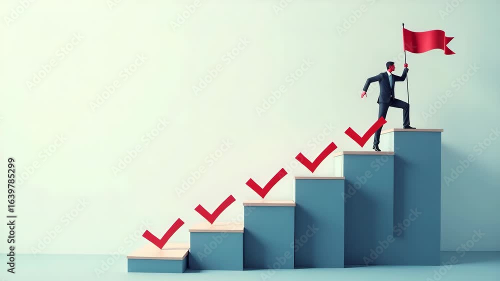 Poster business success: step-by-step goal achievement with checkmarks on a virtual staircase - planning pr