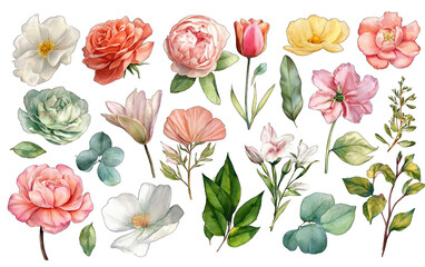 Floral collage of various pastel-colored flowers and leaves