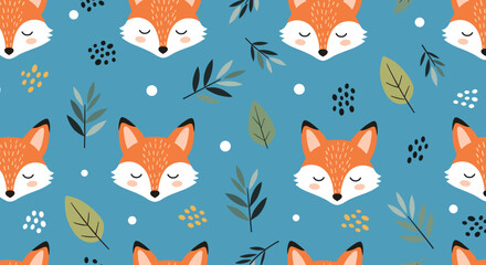 Charming woodland creatures and botanical elements on a blue background