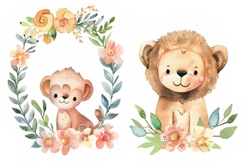 Watercolor illustration set of Mom and baby animal with flower wreath
