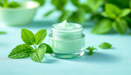 Refreshing Mint-Infused Green Cream Jar with Fresh Leaves