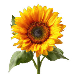 Close-up of a vibrant sunflower.  Bright yellow petals surround a dark brown center.  Dark green leaves emerge from the stem.  Isolated against a black background