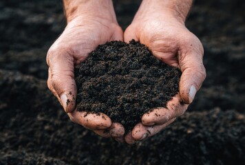 Hands gently holding rich, dark soil, symbolizing growth, agriculture, and connection to the earth's natural resources.