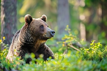 Wild Brown Bear in the summer forest. Animal in natural habitat. Wildlife scene.