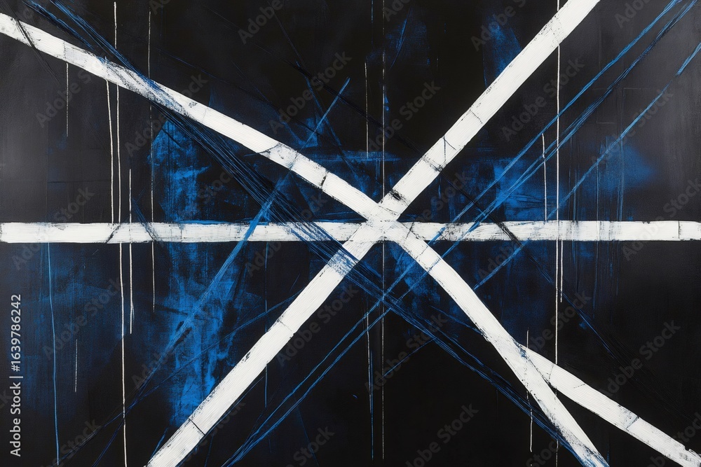 Poster minimalist abstract art featuring intersecting white lines on a textured dark blue and black backgro