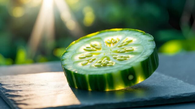 Sliced cucumber glowing in sunlight