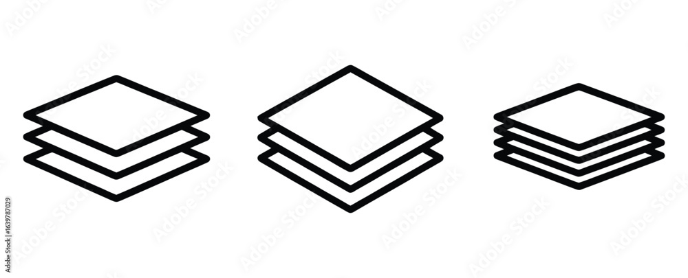 Poster illustration of three stacks of papers isolated on white background, with one stack in black and two