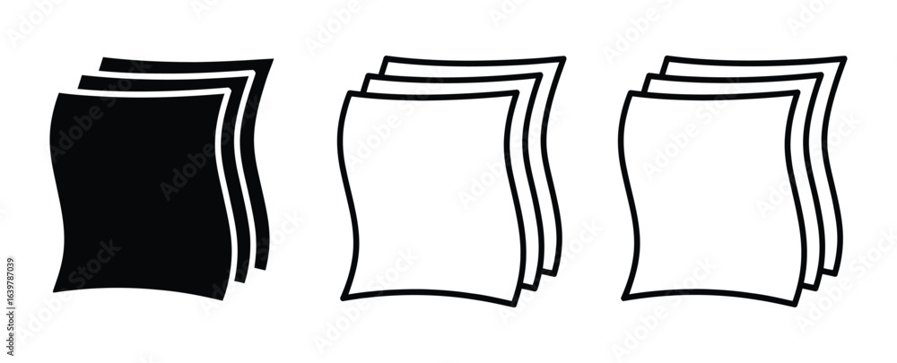 Poster illustration of three stacks of papers isolated on white background, with one stack in black and two