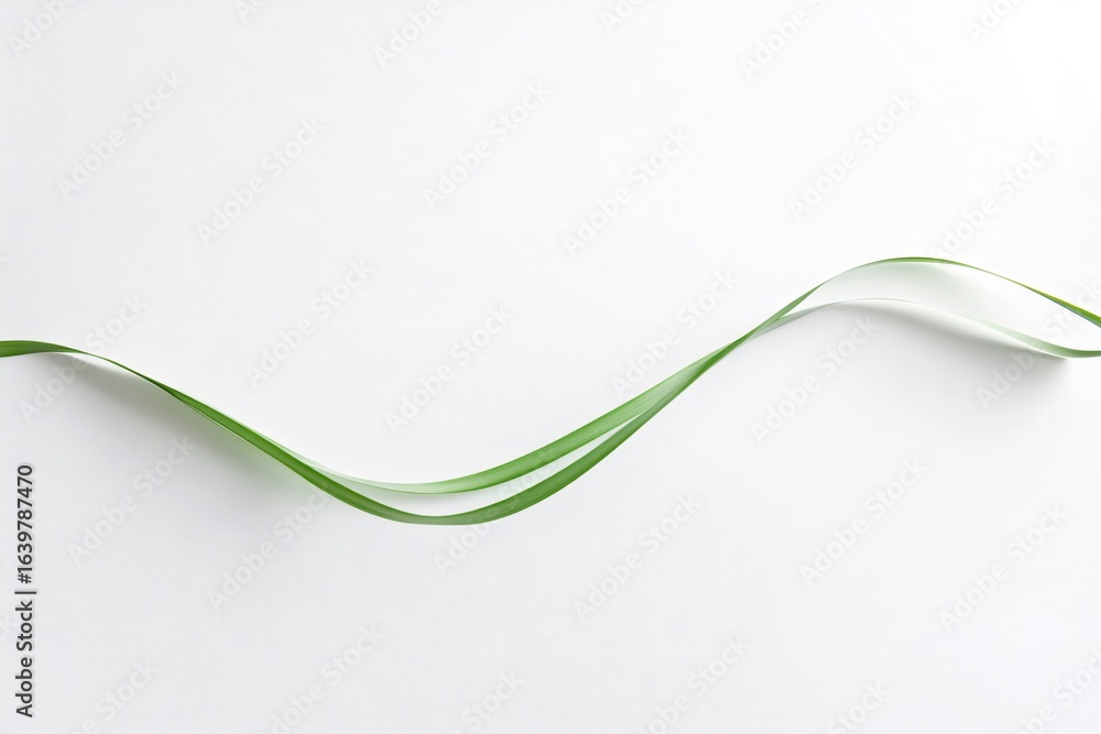 Poster simple and elegant composition with a single green leaf creating a dynamic curved shape on a clean w