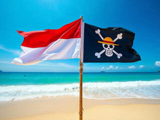 Indonesian Flag and Jolly Roger One Piece by the Beach