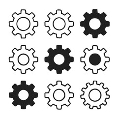 A collection of nine black and white gear icons in various styles.