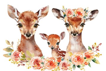 Watercolor illustration set of Mom and baby animal with flower wreath