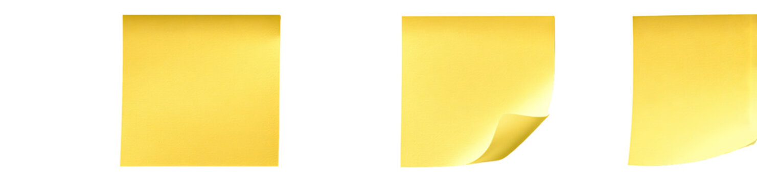 Three yellow rectangular pieces of paper, possibly sticky notes, with different degrees of curvature