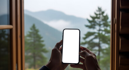 Blank screen smartphone held by hands scenic mountain view travel mockup technology mobile phone display app website design advertising template