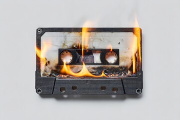 Burning Gray Cassette Tape Against White Background Representing Music Destruction and Retro Audio Concept