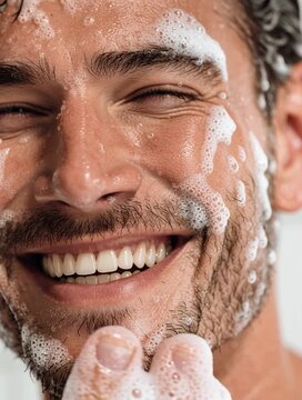 Close-up of a handsome man washing his face with a foaming facial cleanser. Fresh and clean skincare concept for men&rsquo;s beauty and wellness.