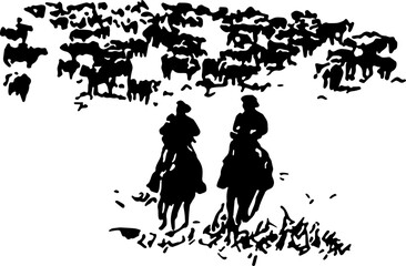 Fototapeta premium abstract design of American wild west desert with cowboys - hand drawn Black illustration. Ilustraciones del viejo oeste. PNG.JPG. VEKTOR
