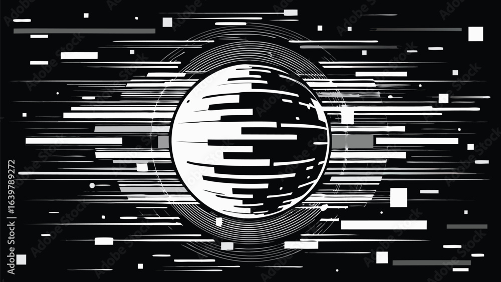 Poster abstract black and white design showcasing a series of lines and scattered dots in a rhythmic arrang