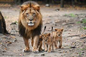A adult lion with small lions