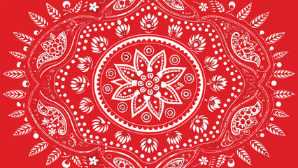 Red bandana with a white paisley design, seamlessly blending into a red background..eps