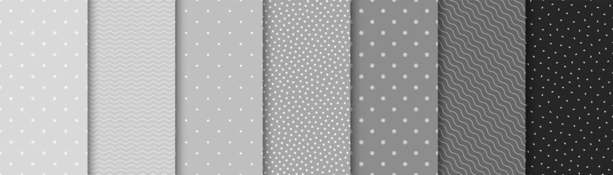 Collection of minimalistic seamless geometric patterns with shapes and symbols. Gradation gray simple cute delicate backgrounds. Unusual fabric prints