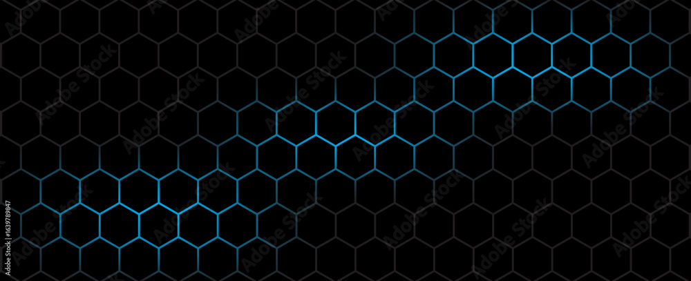 Poster dark hexagon abstract technology background with blue and green colored bright flashes under hexagon