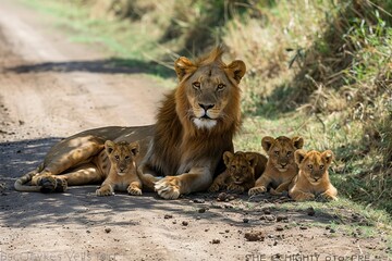 A adult lion with small lions