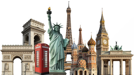 Obraz premium An architectural montage of world famous monuments and international landmarks creating a digital collage for global tourism and travel ideas.