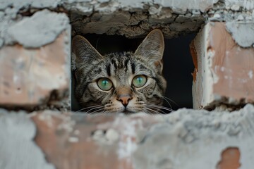 A house cat looks through a hole in the wall,