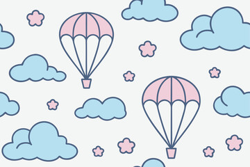 A seamless vector illustration with a cute baby sun and cartoon rain clouds is a great pattern design for a summer wallpaper