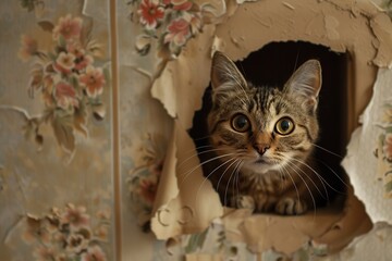 A house cat looks through a hole in the wall,
