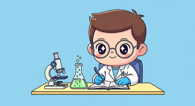 Cute cartoon scientist with glasses working in a laboratory illustration vector