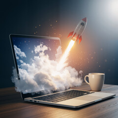 Concept of financial growth with a green plant sprouting from stacked coins and an ascending arrow, symbolizing investment success.