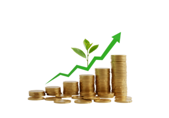Financial growth and investment are shown with increasing coin stacks and a plant, symbolizing sustainable wealth and prosperity.
