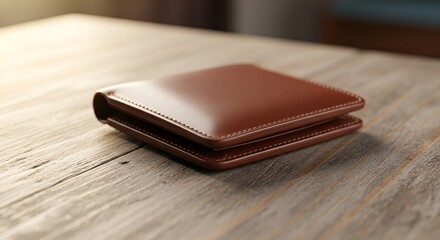 A brown leather wallet rests on a textured wooden surface, softly illuminated by natural light.