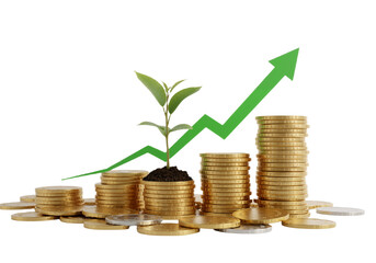 Financial growth concept with stacks of gold coins, an upward green arrow, and a growing plant symbolizing investment return.