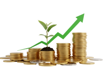 Financial growth concept with stacks of gold coins, an upward green arrow, and a growing plant symbolizing investment return.