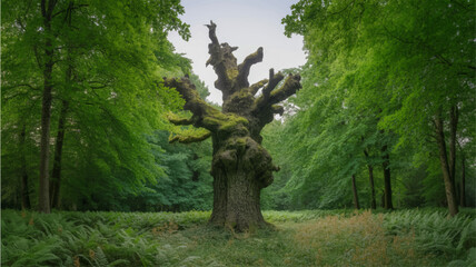 Fototapeta premium A majestic photograph of a solitary ancient oak tree standing in a lush green forest clearing surrounded by ferns and woodland.