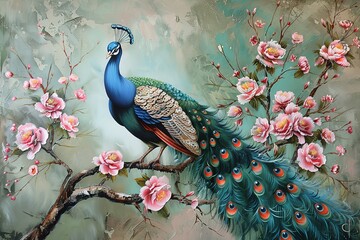 A painting of a beautiful peacock on a branch with pink flowers