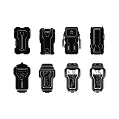 A set of monochrome futuristic containers and stasis pods. Vector icons showing sci-fi canisters, specimen preservation, and energy cells.