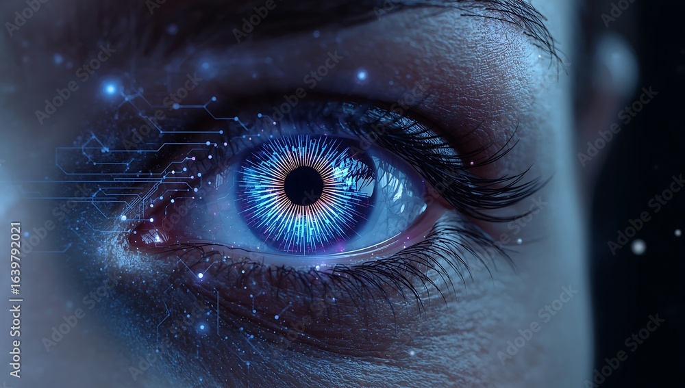 Poster close up of a human eye with digital circuit patterns and glowing particles overlayed on the image